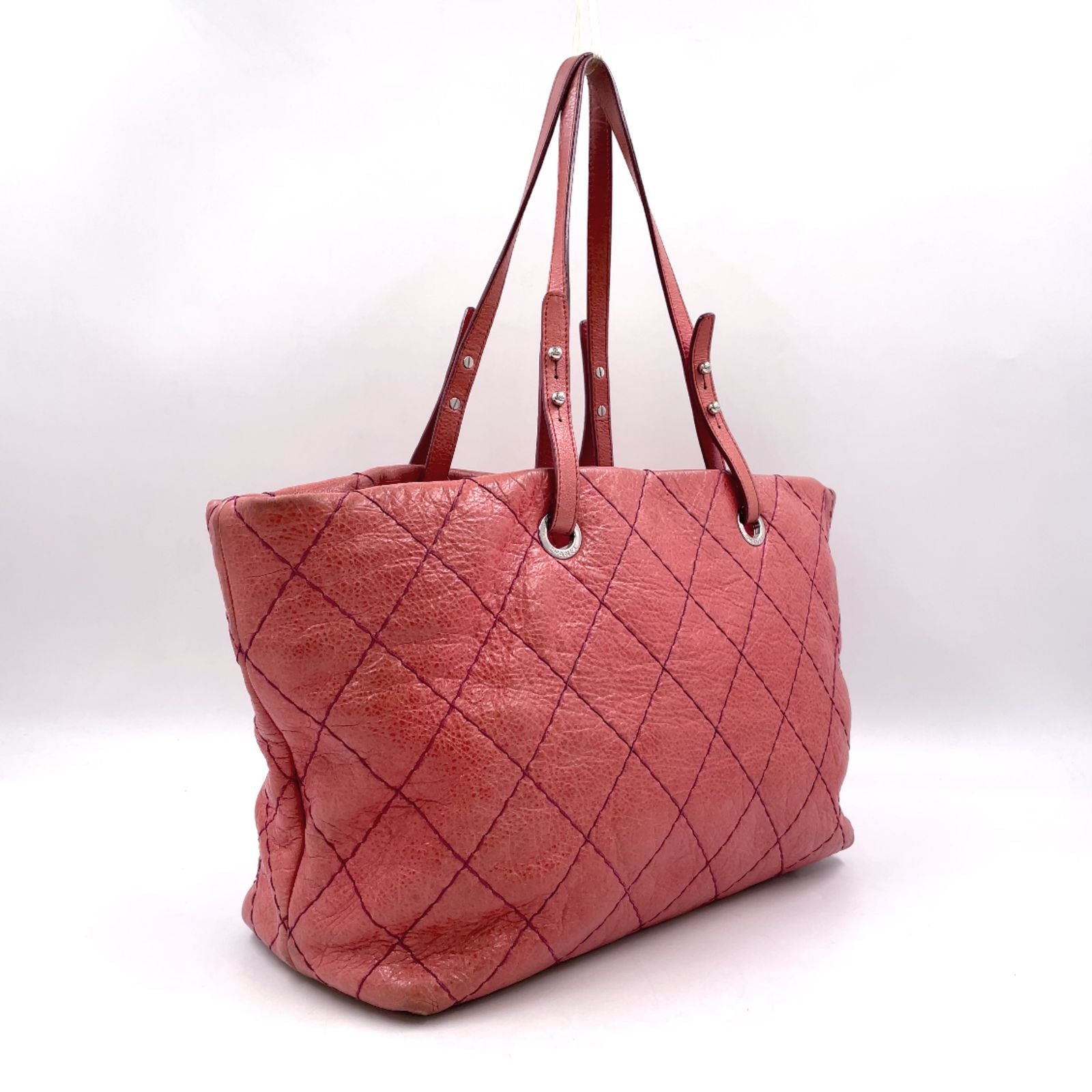 Chanel CC Logo on the Road Leather Pink Red Tote Bag Silver — view 2