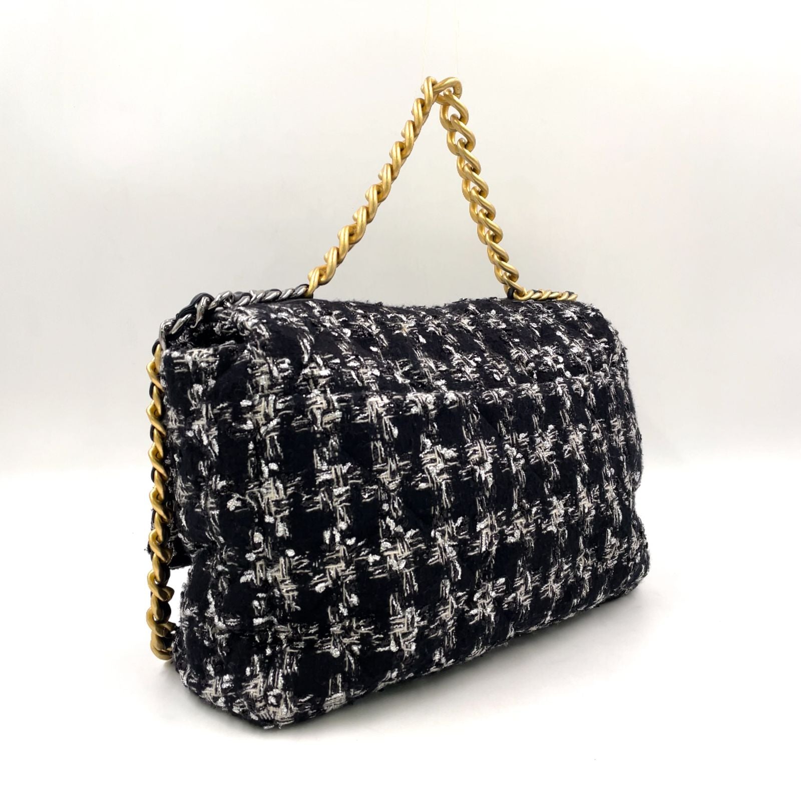 Chanel CC Logo Handle Leather Tweed Black Shoulder Bag Gold — view 2