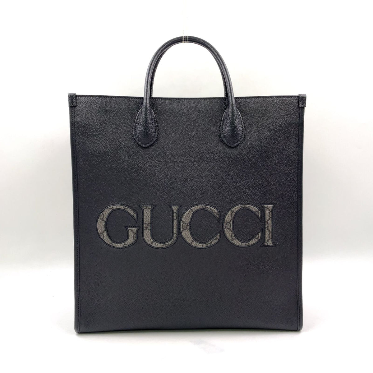 Gucci GG Supreme Shoulder Strap Leather Black Tote Bag Silver