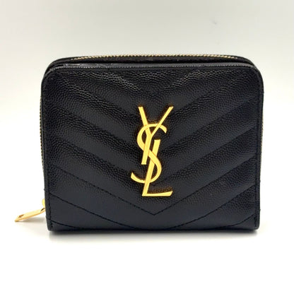 Saint Laurent Paris Monogram Compact Zip Around Caviar Leather Black Wallet Gold