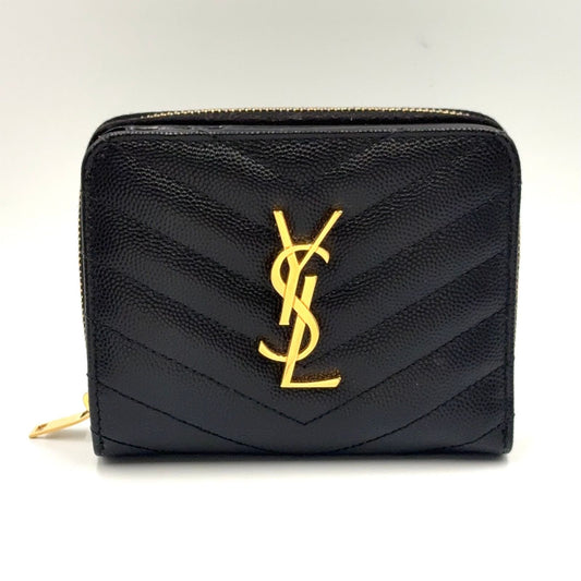 Saint Laurent Paris Monogram Compact Zip Around Caviar Leather Black Wallet Gold
