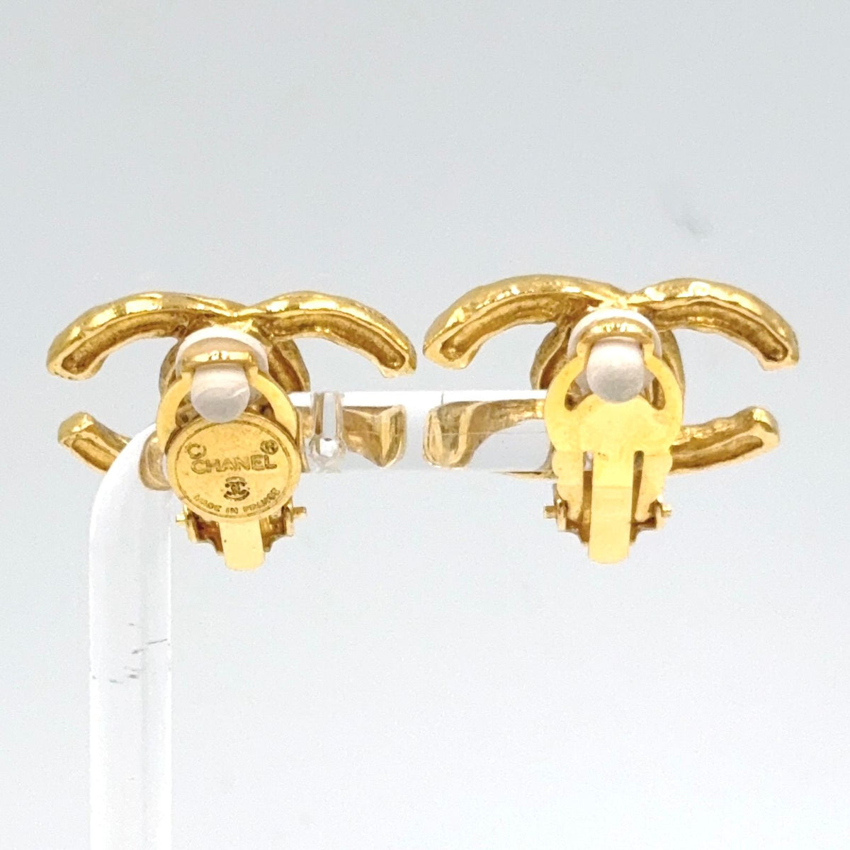 Chanel CC Logo Texture Gold Plated Earrings — view 3