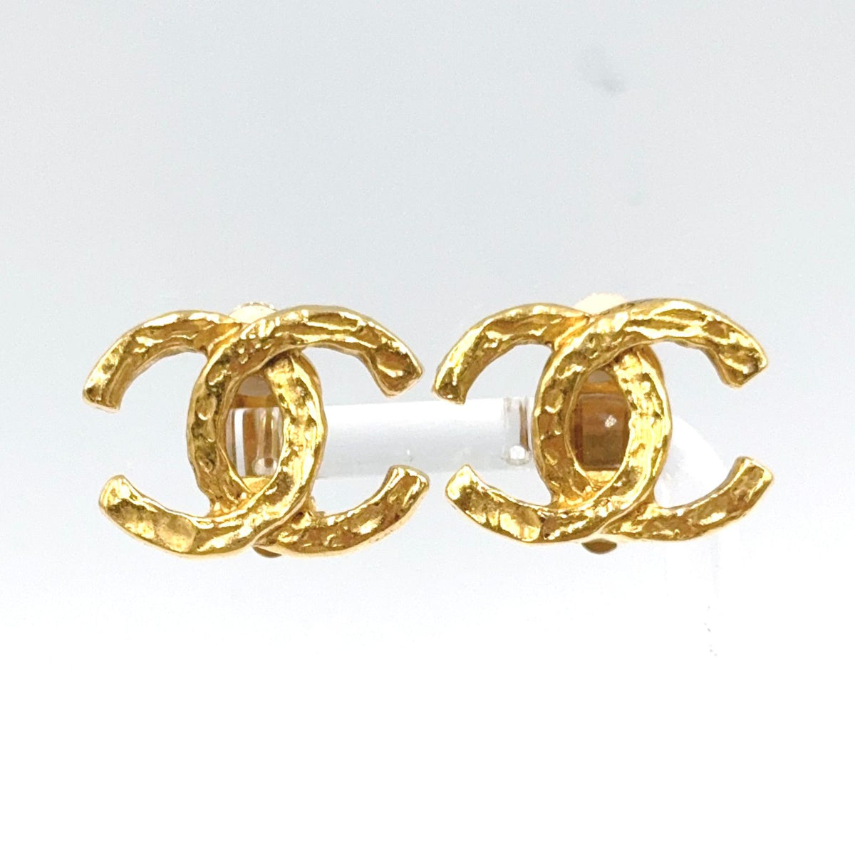 Chanel CC Logo Texture Gold Plated Earrings