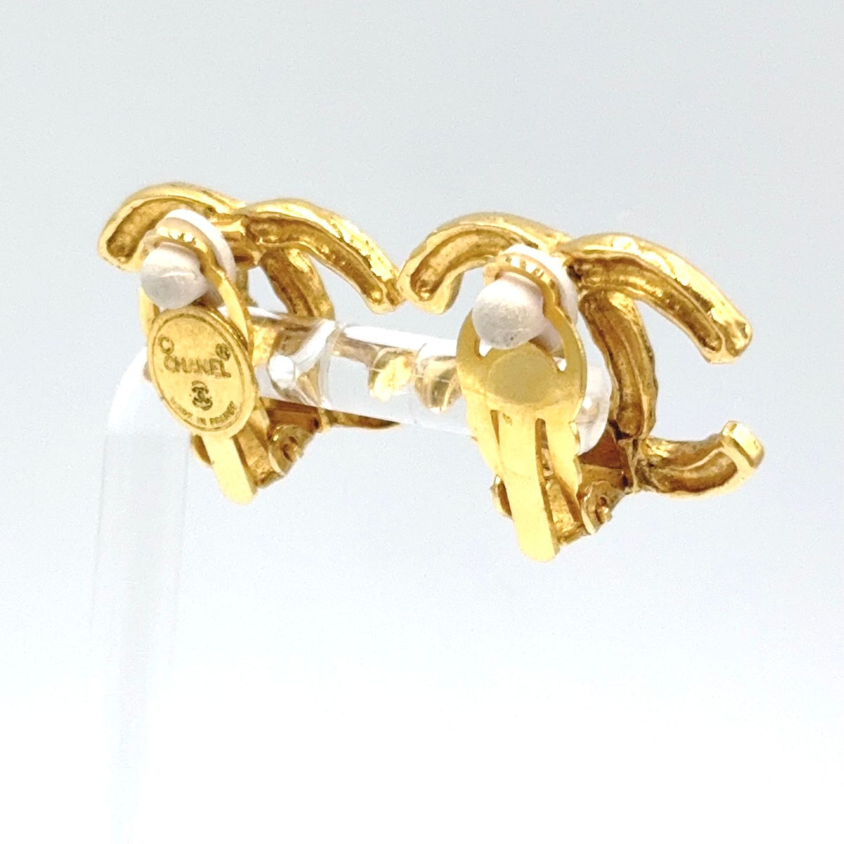 Chanel CC Logo Texture Gold Plated Earrings — view 2