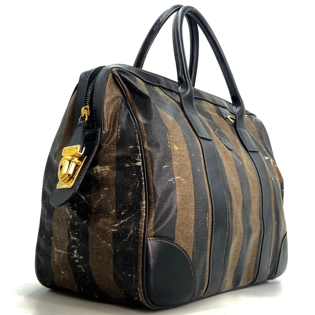 Fendi Pecan Pattern Boston Bag Stripe with Mini Pouch Leather Nylon Brown Black — view 3