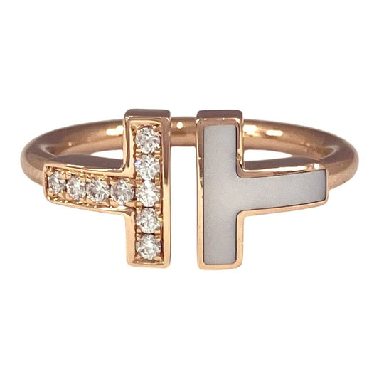 Tiffany & Co 18K Pink Gold Diamond Mother of Pearl T Wire Ring