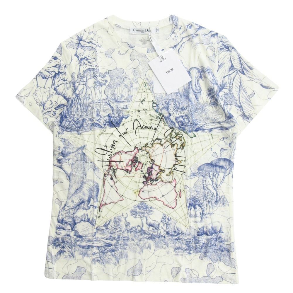 Dior Around the World T-Shirt Short Sleeve Top Bee Embroidery Logo Off White S