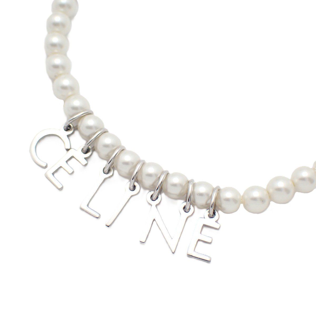Celine Logo Pearl Necklace Silver Color Glass Pawn