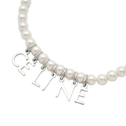 Celine Logo Pearl Necklace Silver Color Glass Pawn