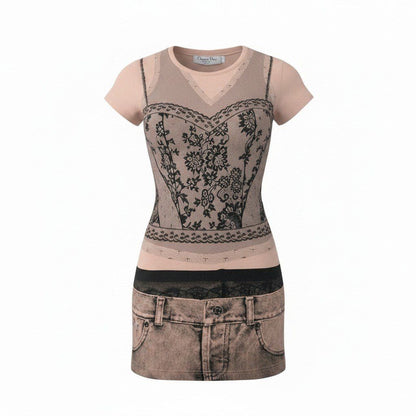 Dior Short Sleeve Top Galliano Era Trompe Rouille Print Lace Corset Pale Orange