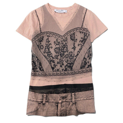 Dior Short Sleeve Top Galliano Era Trompe Rouille Print Lace Corset Pale Orange — view 2