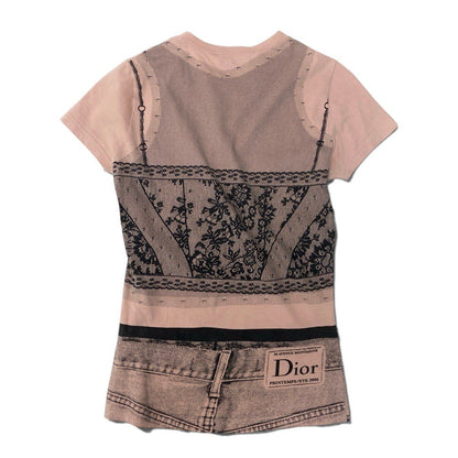 Dior Short Sleeve Top Galliano Era Trompe Rouille Print Lace Corset Pale Orange — view 3