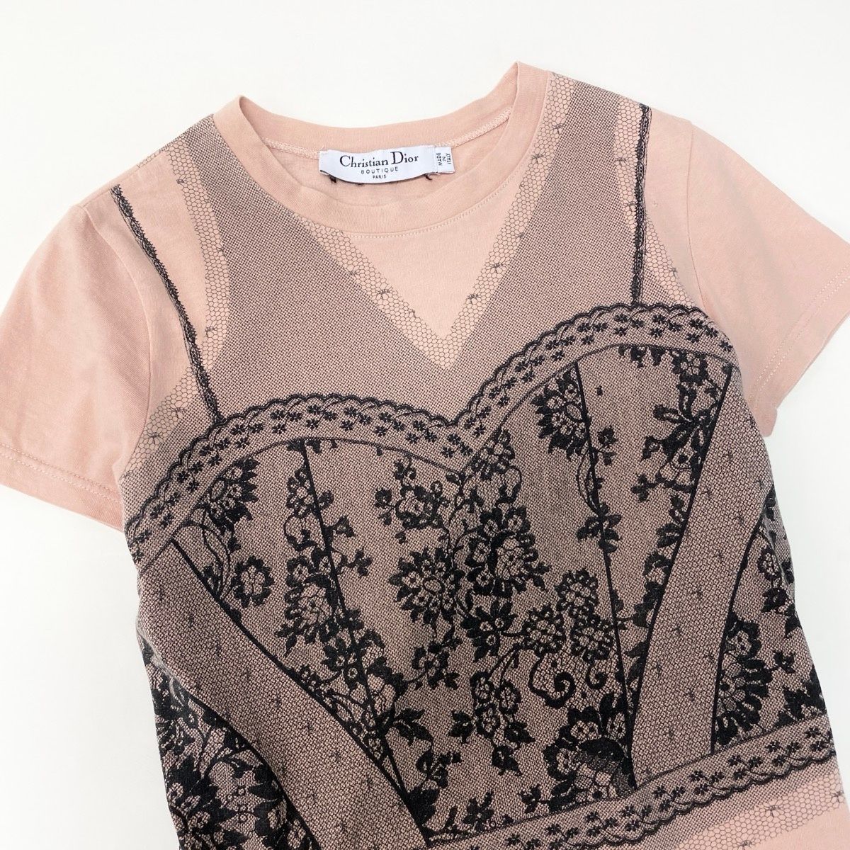 Dior Short Sleeve Top Galliano Era Trompe Rouille Print Lace Corset Pale Orange — view 4