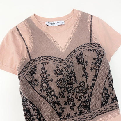 Dior Short Sleeve Top Galliano Era Trompe Rouille Print Lace Corset Pale Orange — view 4