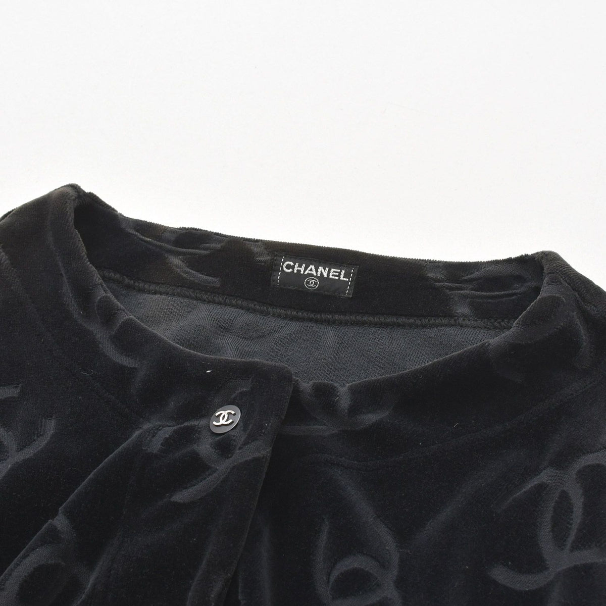 Chanel Jacket Cardigan Vintage CC Logo Coco Buttons Velour Black Silver 40 — view 3
