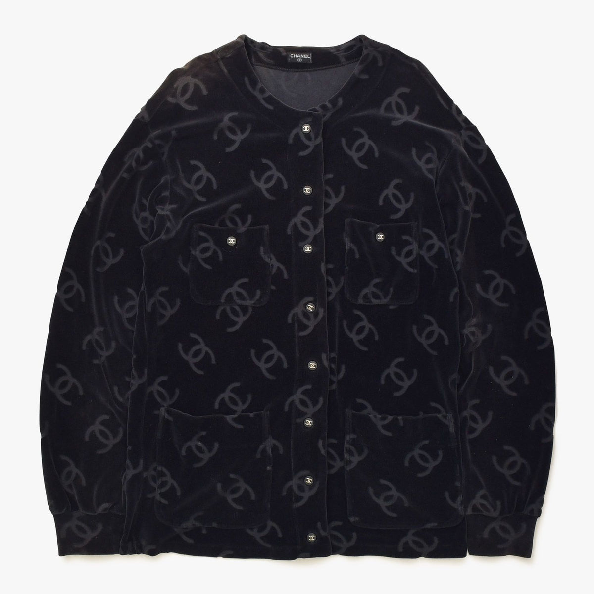 Chanel Jacket Cardigan Vintage CC Logo Coco Buttons Velour Black Silver 40