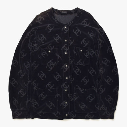Chanel Jacket Cardigan Vintage CC Logo Coco Buttons Velour Black Silver 40
