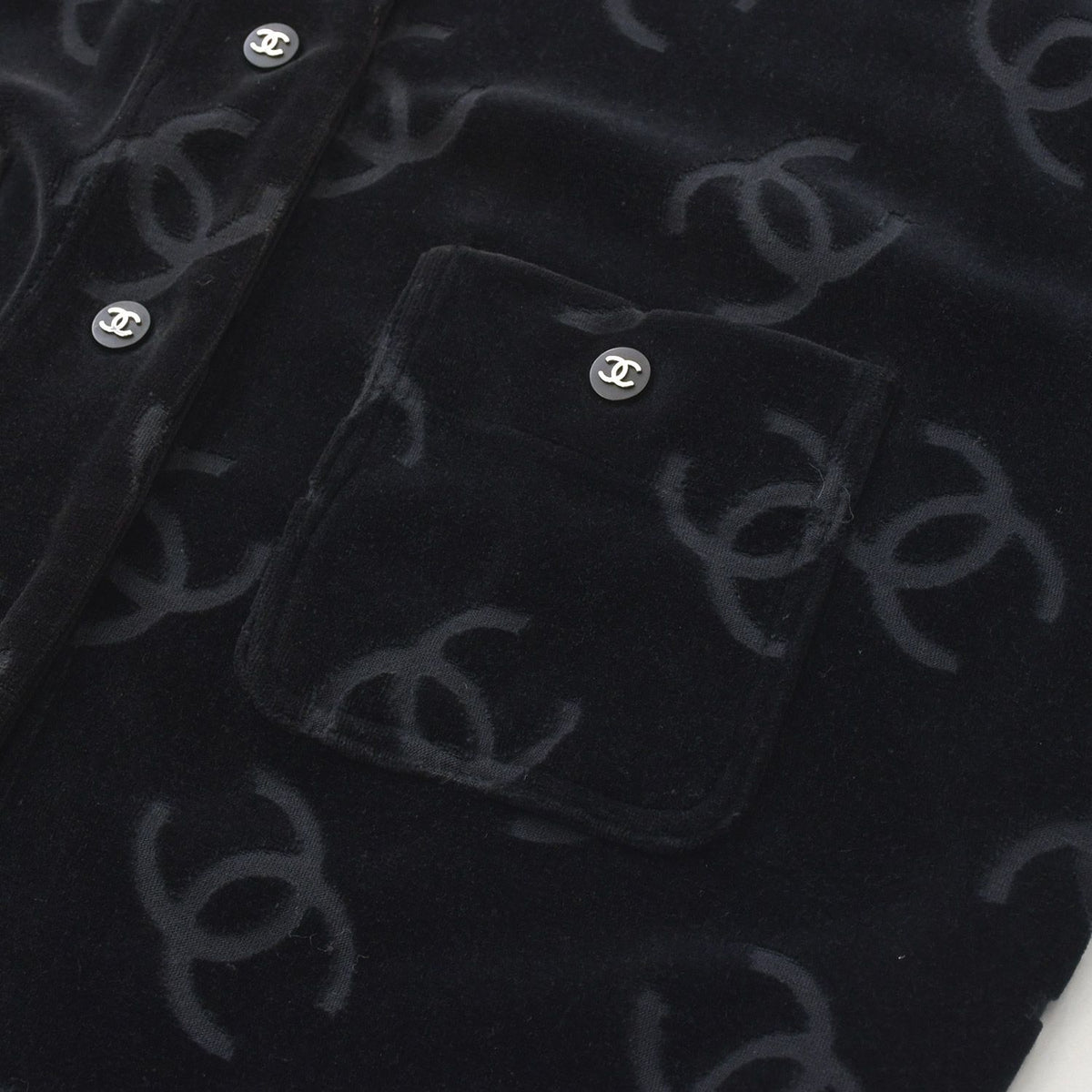 Chanel Jacket Cardigan Vintage CC Logo Coco Buttons Velour Black Silver 40 — view 4