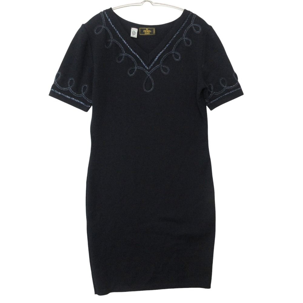 Fendi Maglia Dress Wool Knit Embroidery Neck Short Sleeve High Gauge Knee