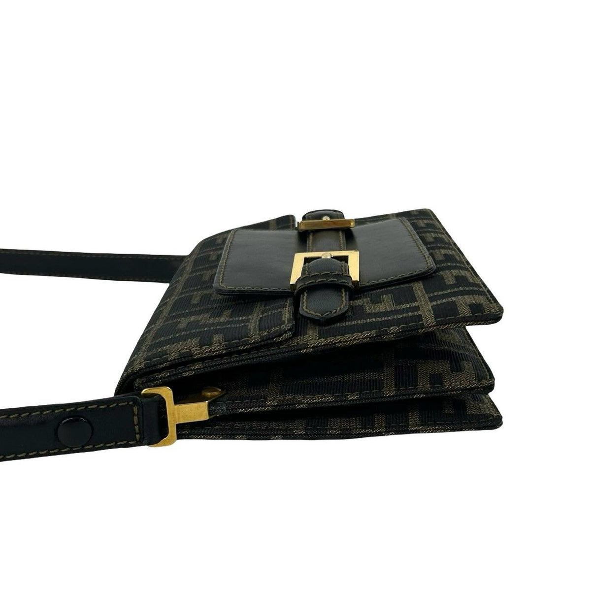 Fendi Vintage Zucca FF Pattern Canvas Leather Shoulder Bag Pochette Brown Black — view 5