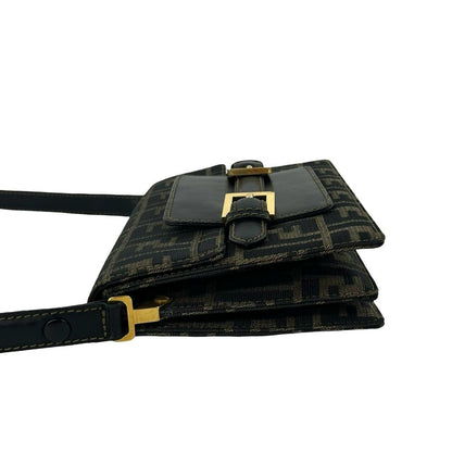 Fendi Vintage Zucca FF Pattern Canvas Leather Shoulder Bag Pochette Brown Black — view 5
