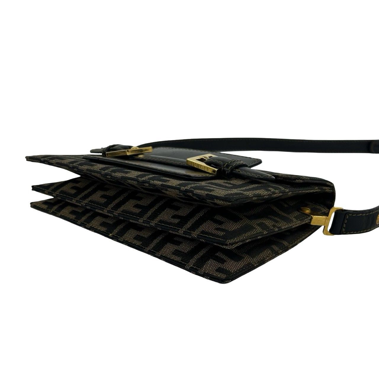 Fendi Vintage Zucca FF Pattern Canvas Leather Shoulder Bag Pochette Brown Black — view 8