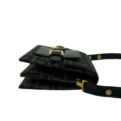 Fendi Vintage Zucca FF Pattern Canvas Leather Shoulder Bag Pochette Brown Black — view 6