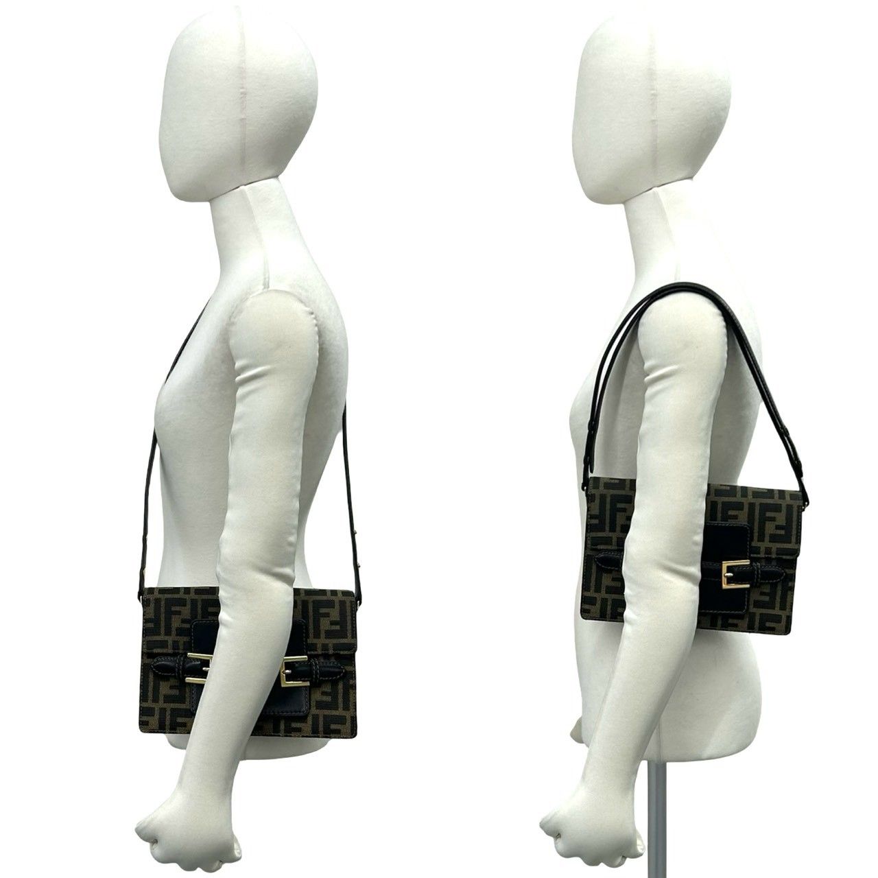 Fendi Vintage Zucca FF Pattern Canvas Leather Shoulder Bag Pochette Brown Black — view 2