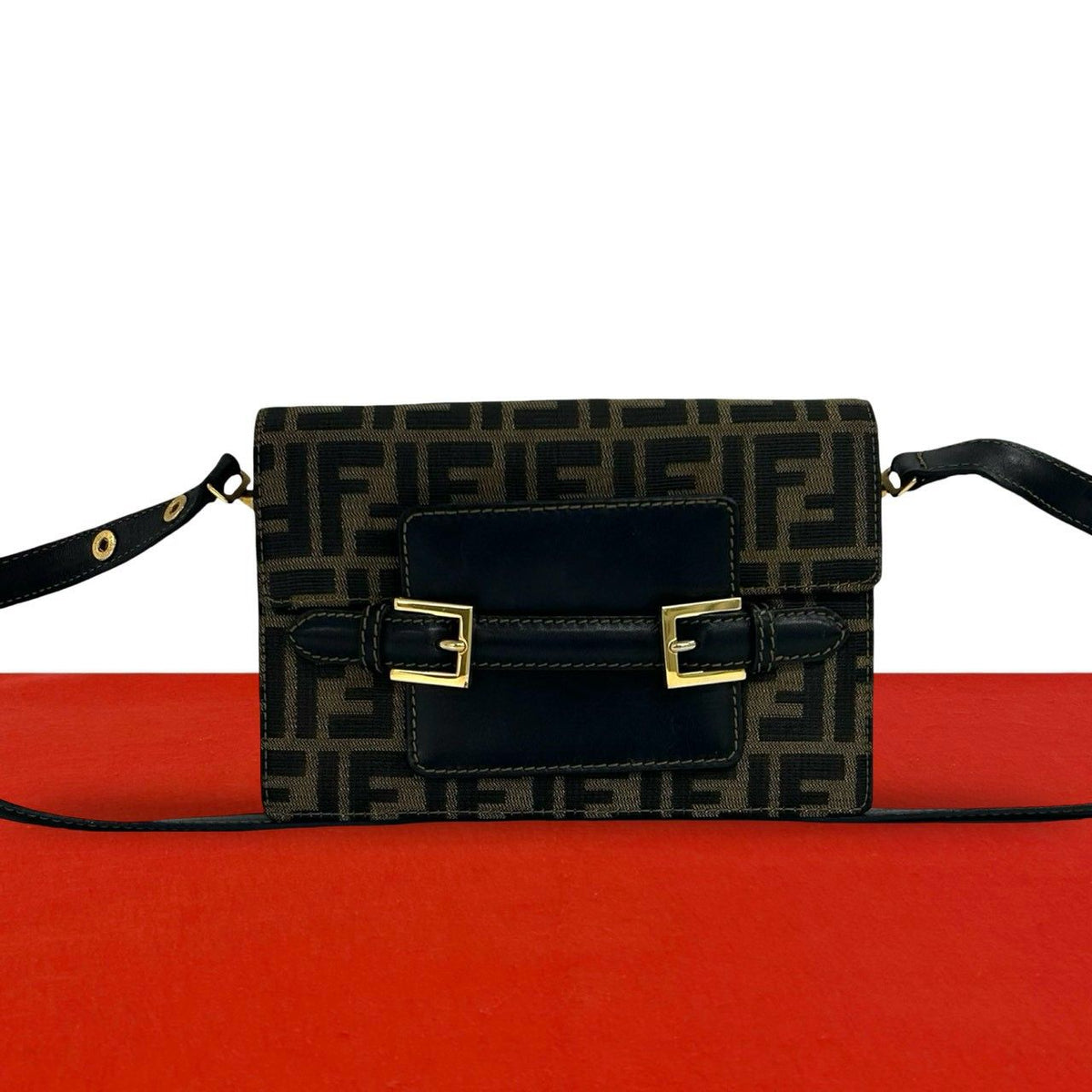 Fendi Vintage Zucca FF Pattern Canvas Leather Shoulder Bag Pochette Brown Black