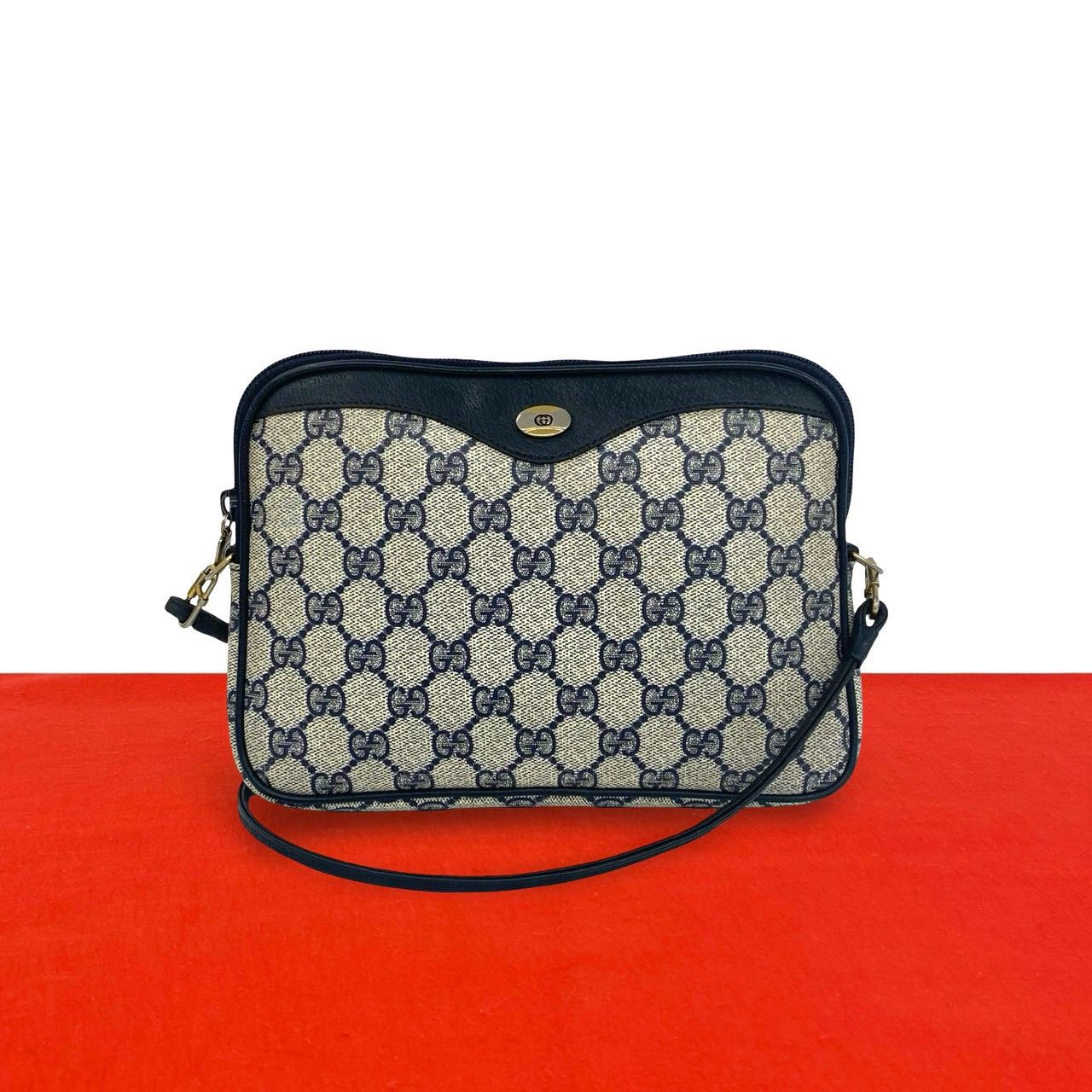 Gucci Vintage GG Logo Pattern Leather Mini Shoulder Bag Pochette Navy