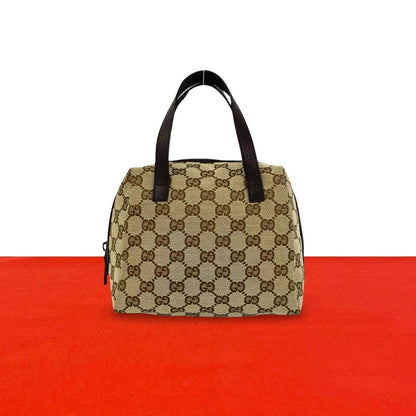 Gucci GG All Over Pattern Canvas Leather Round Zip Handle Mini Boston Bag Brown