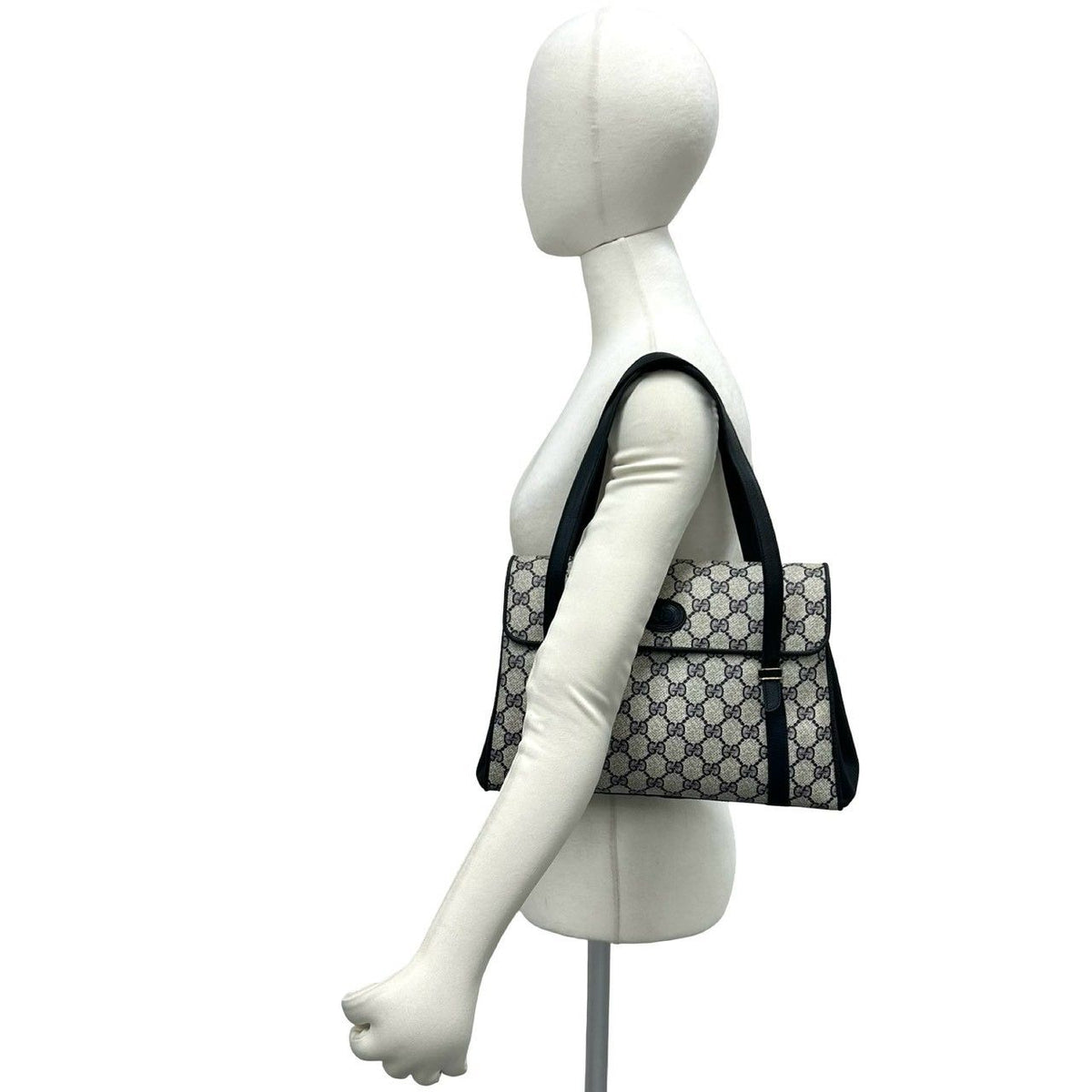 Gucci Vintage GG Logo Leather Handle Shoulder Bag Tote Navy — view 2
