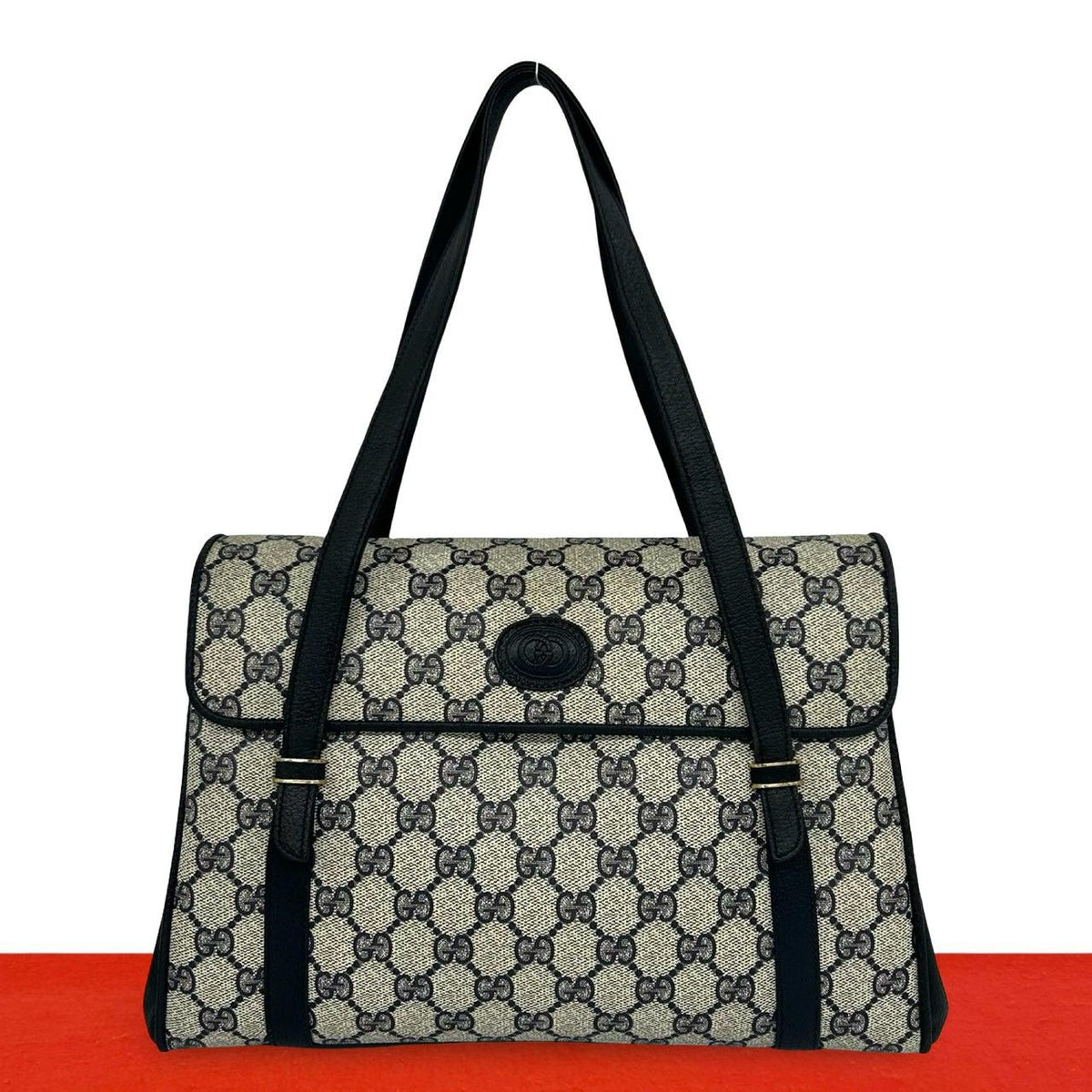 Gucci Vintage GG Logo Leather Handle Shoulder Bag Tote Navy