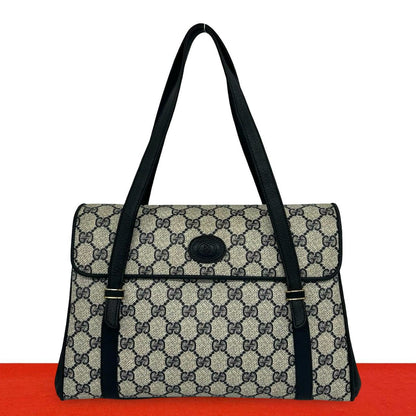 Gucci Vintage GG Logo Leather Handle Shoulder Bag Tote Navy