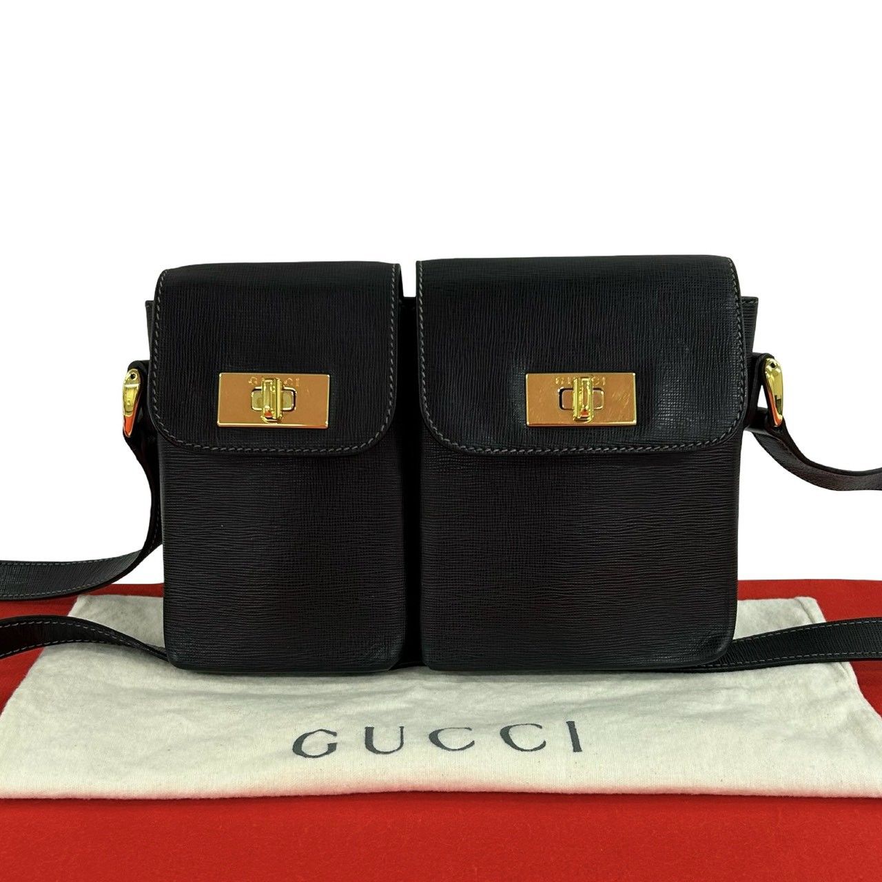 Gucci Vintage Logo Turnlock Leather Shoulder Bag Pochette Black