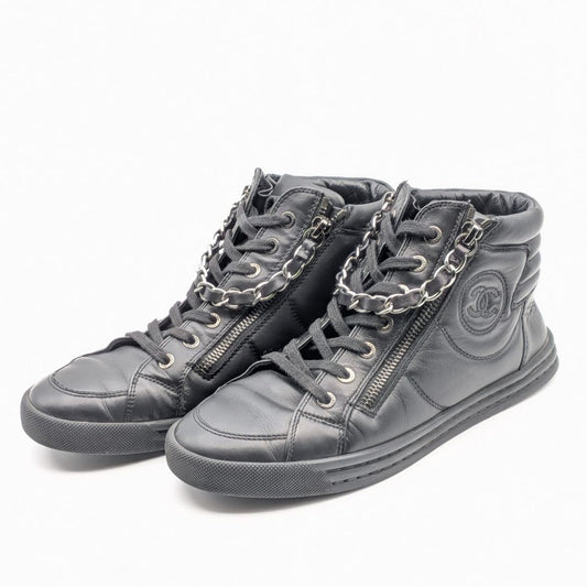 Chanel CC Logo High-Top Sneakers Short Boots Leather Chain Black Shoes