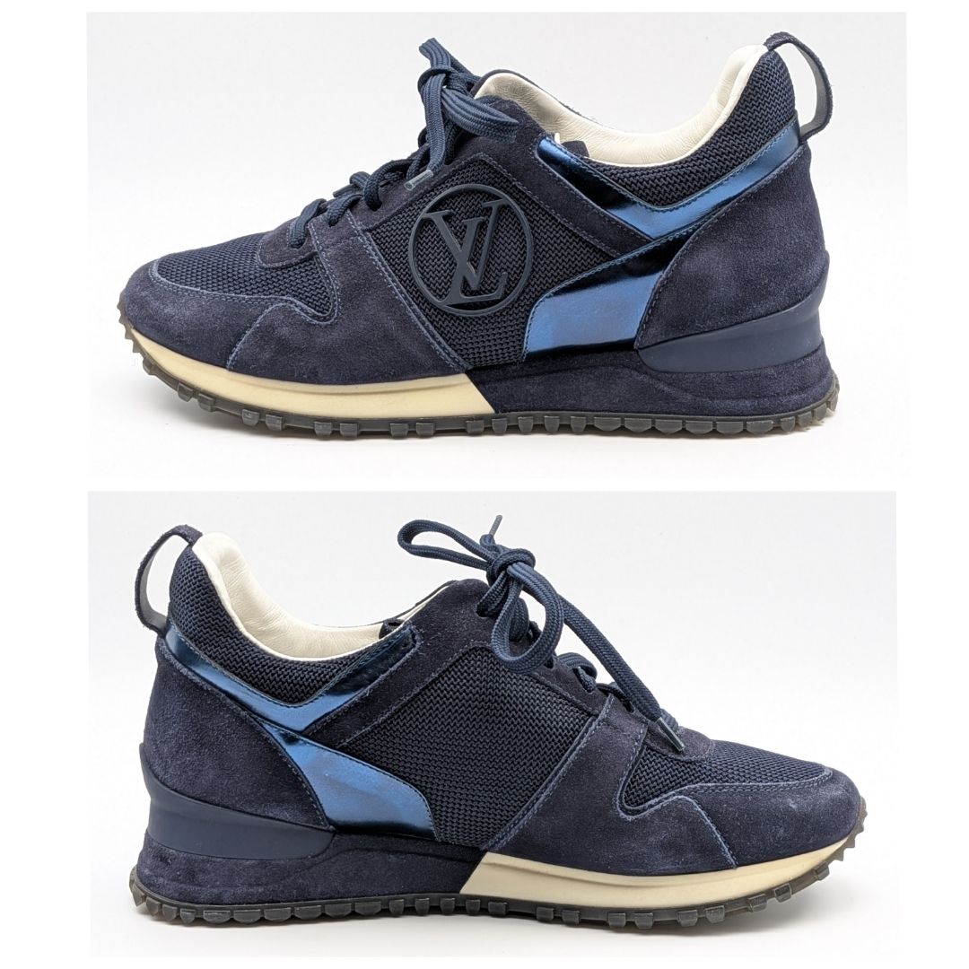 Louis Vuitton Run Away Line Navy Suede Mesh LV Logo Sneakers in Heels — view 2