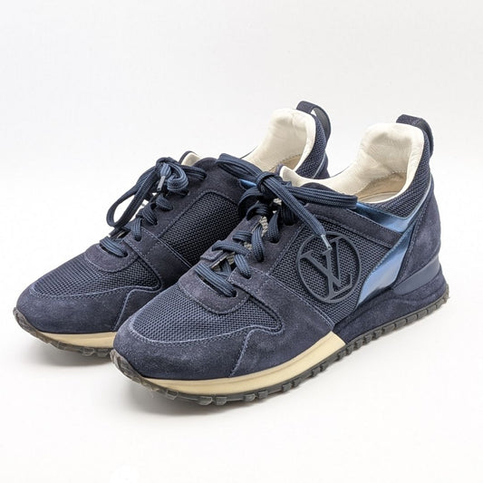 Louis Vuitton Run Away Line Navy Suede Mesh LV Logo Sneakers in Heels