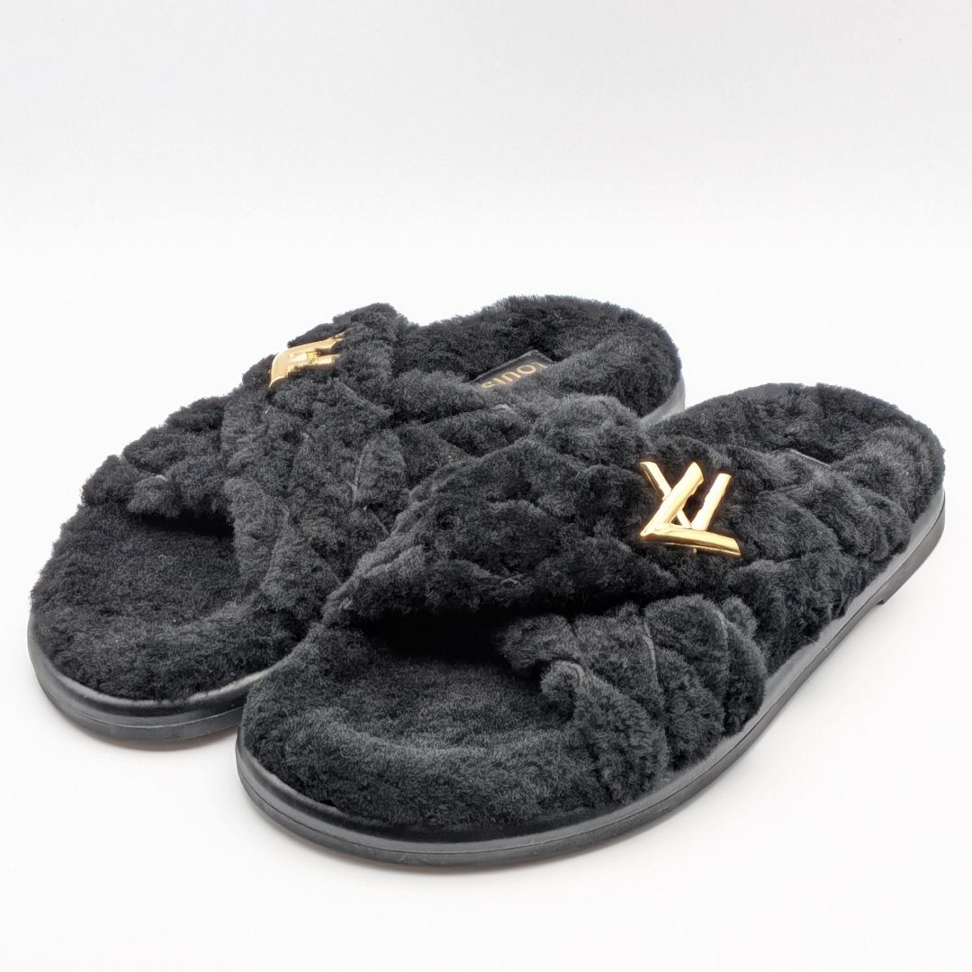 Louis Vuitton Almost Bliss Comfort Black Twist Sandals Slippers Shearling