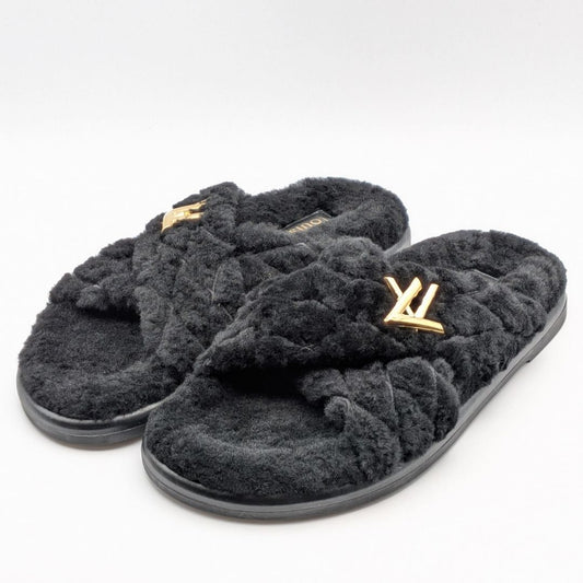 Louis Vuitton Almost Bliss Comfort Black Twist Sandals Slippers Shearling