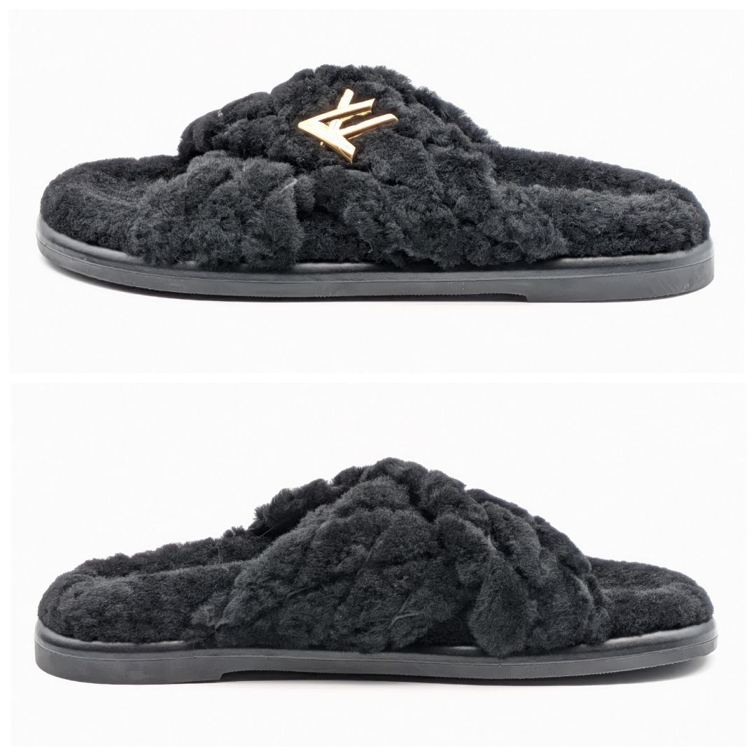 Louis Vuitton Almost Bliss Comfort Black Twist Sandals Slippers Shearling — view 3