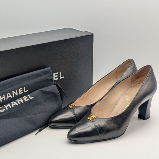 Chanel CC Logo Turnlock Pumps Black Leather Heels Shoes