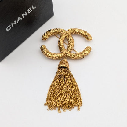 Chanel Brooch CC Logo Lava Gold Fringe Vintage