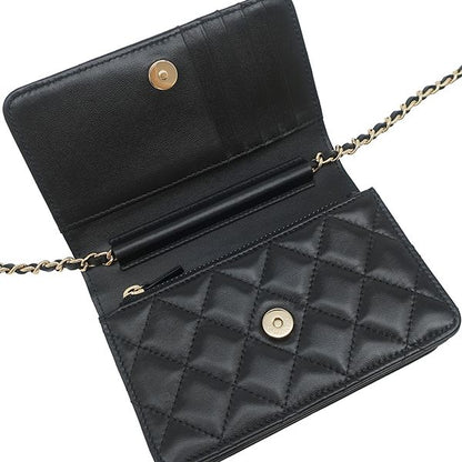 Chanel Chain Wallet Quilted Mini Lambskin Black Gold CC Logo Camellia 31 — view 8