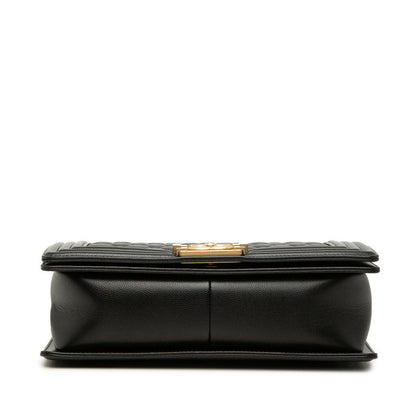 Chanel CC Logo Boy 25 Chain Shoulder Bag Black Gold Caviar Leather — view 3