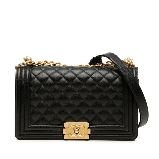 Chanel CC Logo Boy 25 Chain Shoulder Bag Black Gold Caviar Leather