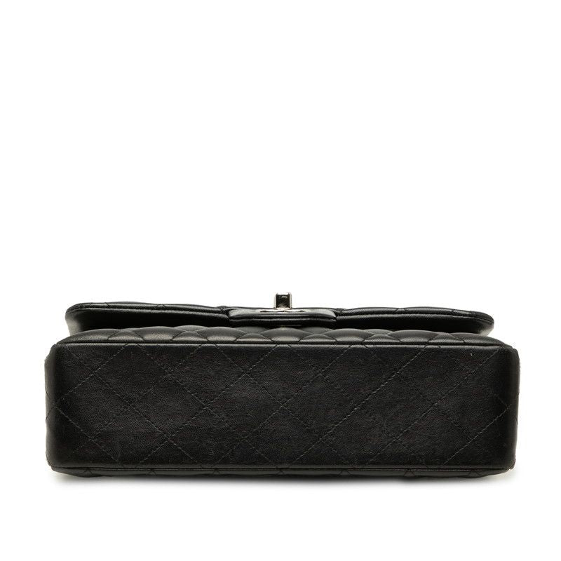 Chanel CC Logo Quilted Double Flap Chain Shoulder Bag Black Silver Lambskin — view 3