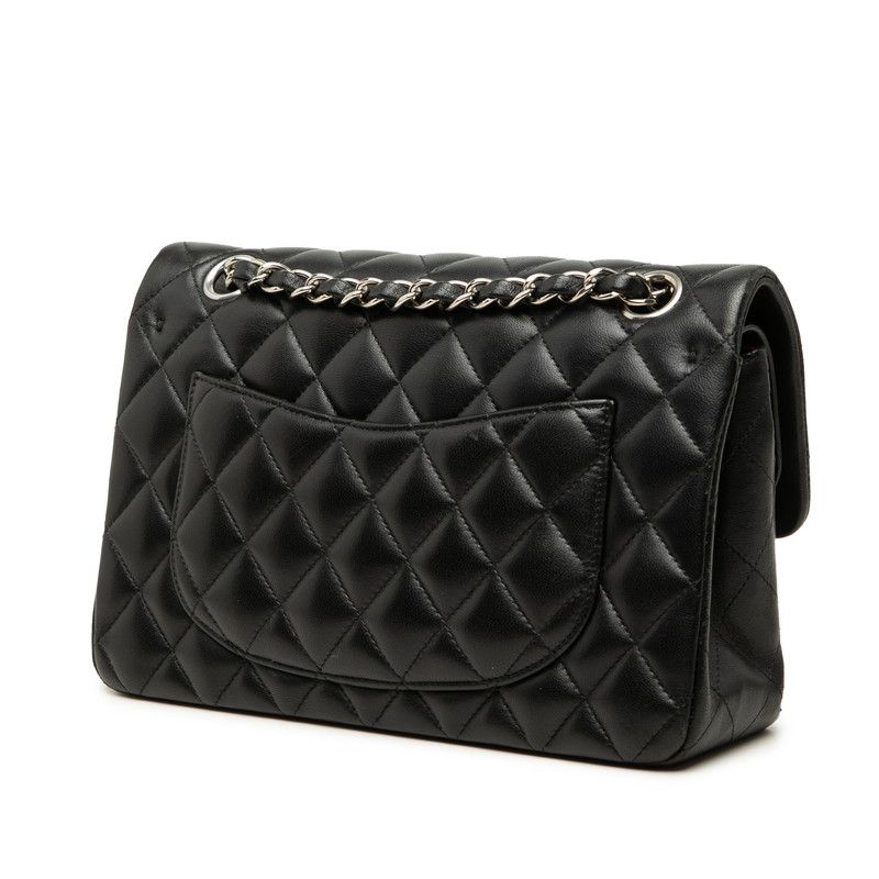Chanel CC Logo Quilted Double Flap Chain Shoulder Bag Black Silver Lambskin — view 2