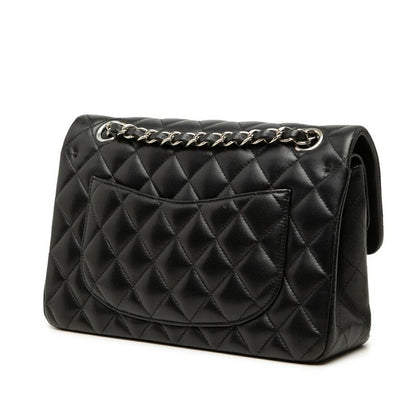Chanel CC Logo Quilted Double Flap Chain Shoulder Bag Black Silver Lambskin — view 2