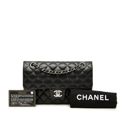 Chanel CC Logo Quilted Double Flap Chain Shoulder Bag Black Silver Lambskin — view 7